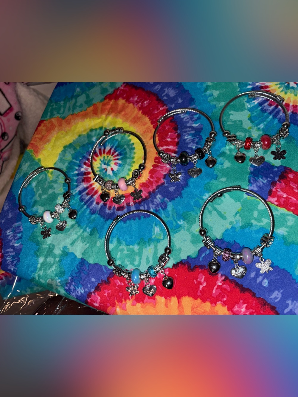 Silver Charm Bead Bracelets with Colorful Glass Accents